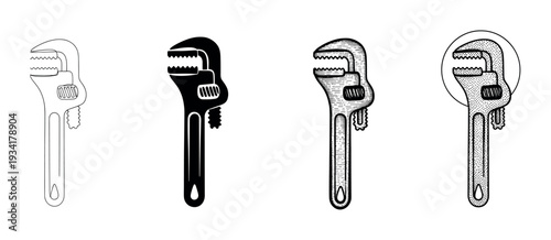 Four distinct styles of an adjustable pipe wrench illustration are presented as a versatile collection of mechanical tools.