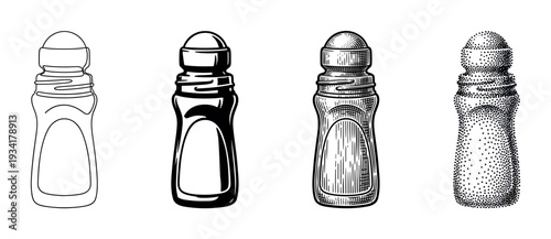 Four different styles of roll-on deodorant bottles are depicted in a classic black and white illustration set.