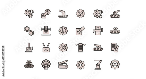 Collection of industrial icons and symbols representing gears, machinery and tools for technical