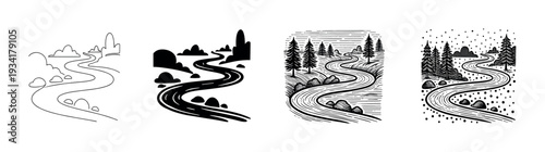 Winding river landscape illustrations in various artistic styles depicting a serene natural journey through mountains and forests.
