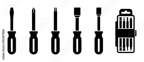 Screwdriver tools set with various interchangeable bits for a wide range of repair and assembly tasks.