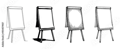 Four different styles of flip chart easels with blank pages for presentations and business meetings.