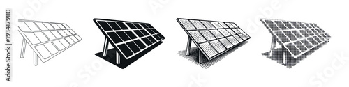 Four different stylized solar panel icons representing renewable energy and sustainable power generation on a clean white surface.