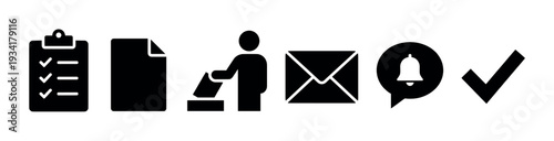 Collection of various black silhouette icons representing tasks, documents, voting, mail, notifications, and completion.