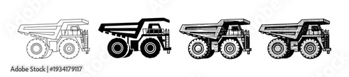 Four different styles of heavy duty dump trucks are depicted in a black and white vector illustration set.