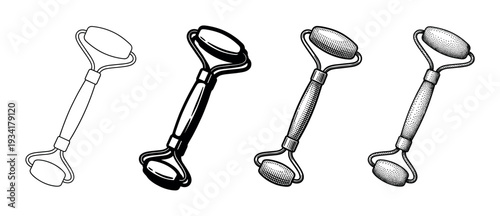 Facial roller massage tool illustrations in various artistic styles for beauty and wellness routines.