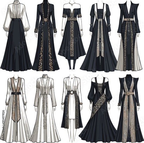 Generate a kinds of different smart girl modern western dress vector art with white background