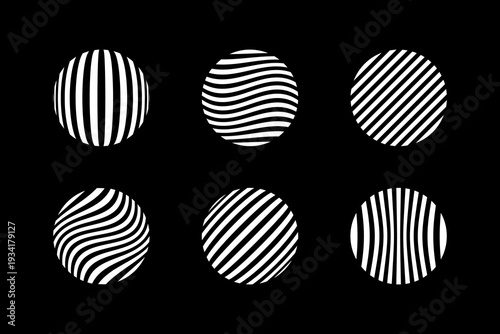 Set of Circle Striped White Design Elements on Black Background. Abstract Rou...