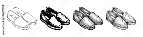 Four pairs of espadrilles in various artistic styles showcasing different illustration techniques for fashion and design concepts.