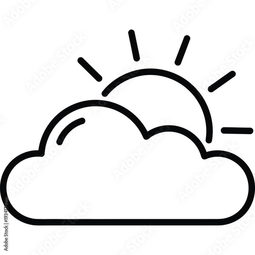 Black and White Icon of Sun Behind Cloud with Sunlight Rays Extending Outward, Simple Sun Cloud Icon