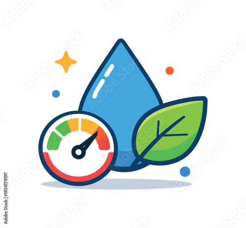 Eco-friendly water conservation meter with leaf and droplet icons