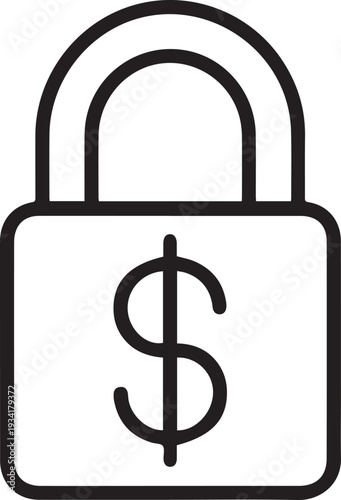 A simple black and white line icon depicts a padlock securing a dollar sign against unauthorized access.