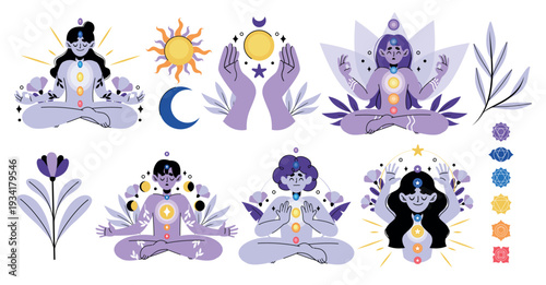 Energy Meridians and Chakra Meditation Character Set