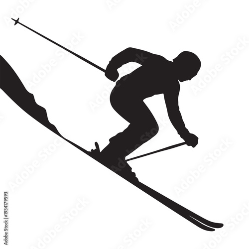 Downhill Skier Silhouette – Black and White Alpine Skiing Action Vector