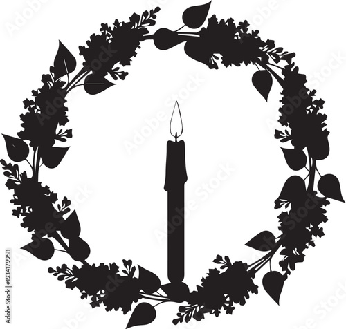 Candle silhouette vector illustration inside lilac flower wreath for memorial card design