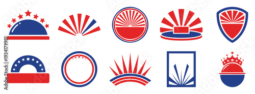 American patriotism symbols vector pack, red blue emblems with stars and sunbursts, flat design icons