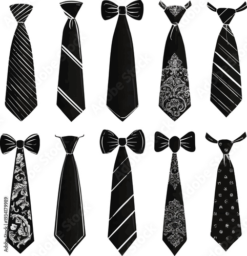 Collection of ties. Elegant collection of black neckties and bow ties display sartorial style and formal wear accessories for fashion designs, silhouette vector art with white background