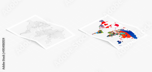 Folded World Maps with Flags and Political Borders