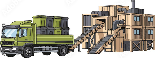 A green truck transports cargo containers to a wooden storage facility