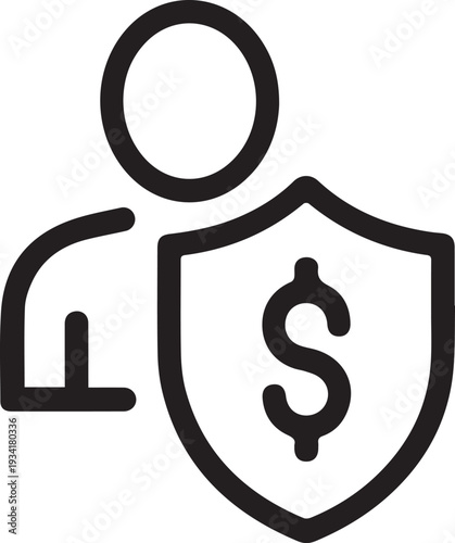 Financial Shield Icon: A minimalist icon depicting a person protected by a shield featuring a dollar symbol, symbolizing financial security and protection.