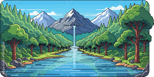 A serene mountain landscape with a river flowing through a forest and snow-capped peaks in the background under a clear blue sky with whisk_mag8bb_via_RJ_Whisk_Auto