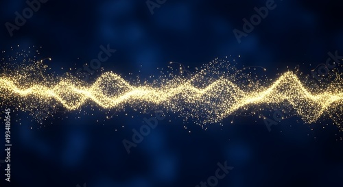 Glowing golden waveform with sparkling particles on dark blue background abstract technology concept