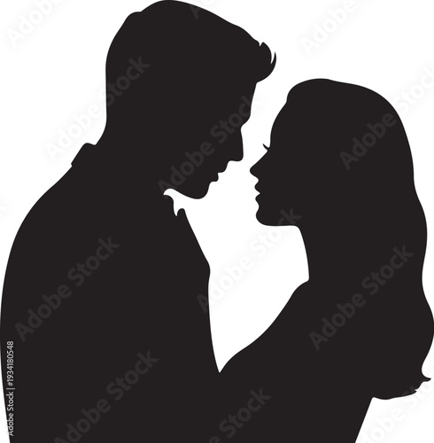 Black silhouette of couple touching noses white background