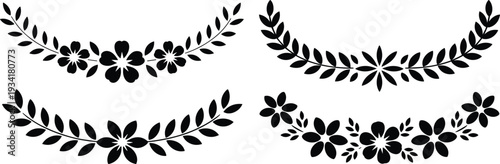 Decorative Black Floral Wreath Silhouettes with Various Flower and Leaf Designs for Elegant Graphic Design Elements