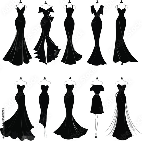 Isolated on Ten elegant black dress silhouettes displayed on a white background showcase formal and casual fashion styles vector art with white background