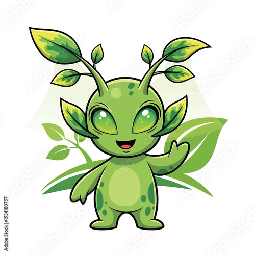 Cute green plant humanoid character with leaves and background foliage