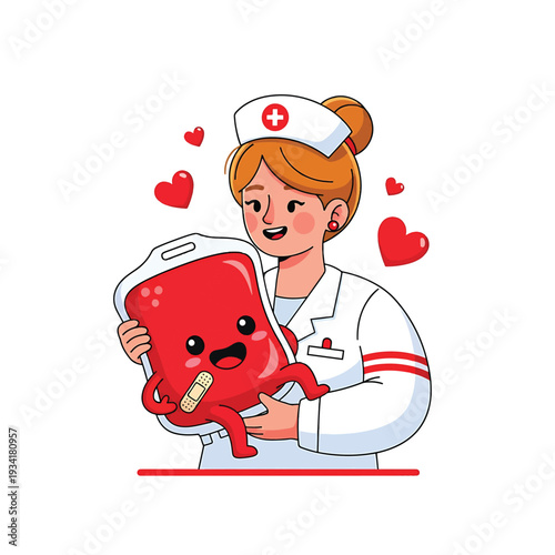 Nurse in uniform hugging a cute smiling blood bag with hearts