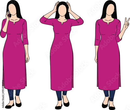 Woman in Pink Kurta Different Poses Cartoon Fashion Vector Illustration Set