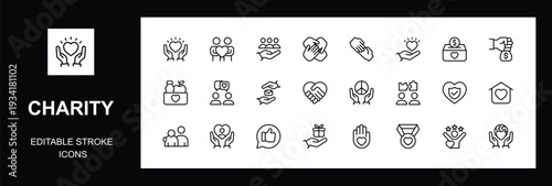 Charity icon set and  human care outline icons. Containing donation, volunteer, humanitarian, help, support, social care, friendship, fundraising, volunteering and more. Vector illustration. 