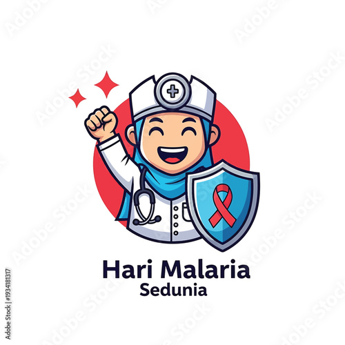 Medical Nurse Hero with Shield and Ribbon for Malaria Day