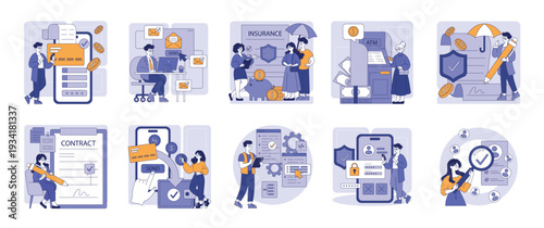 Financial Transactions and Insurance Vector Illustration Set