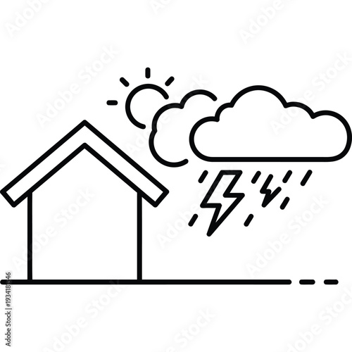 House in Stormy Weather: Thunderstorm with Lightning, Heavy Rain, and Dark Clouds Illustration