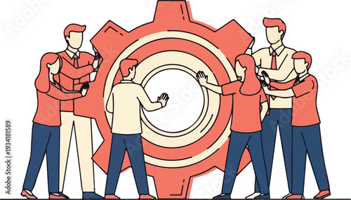 Workers collaborating on a large gear mechanism together outdoors in an industrial setting