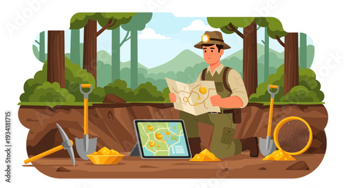 Archaeologist studying map at excavation site.