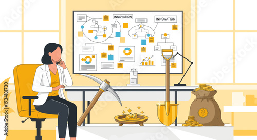 Businesswoman analyzing financial growth strategy on whiteboard with mining tools.