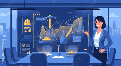 Businesswoman presenting cryptocurrency mining data on futuristic screen.