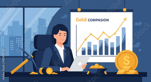 Businesswoman analyzing gold investment growth chart with coins.
