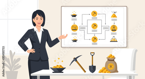 Businesswoman presenting cryptocurrency mining concept with digital diagram.