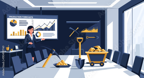 Businesswoman presenting financial growth and mining success.