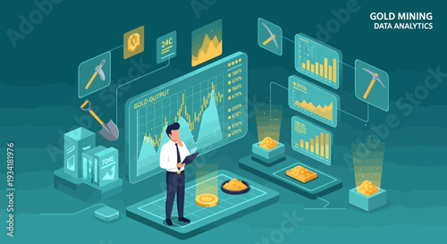 Man Analyzing Gold Mining Data with Futuristic Technology.