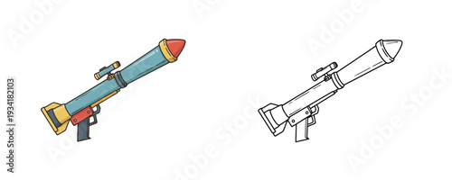 Rocket launcher shown in colored and line art styles used for military tactical operations or heavy armament defense isolated on white background