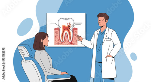 Dentist Explains Tooth Anatomy and Treatment to Patient in Dental Chair