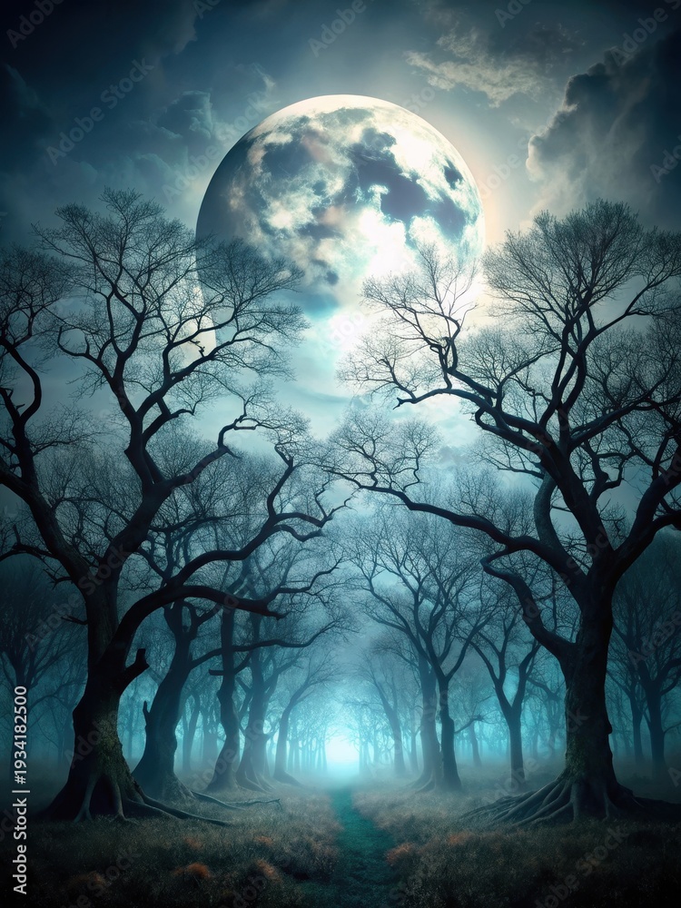 Fototapeta premium Dark forest with twisted tree silhouettes against a full moon light background
