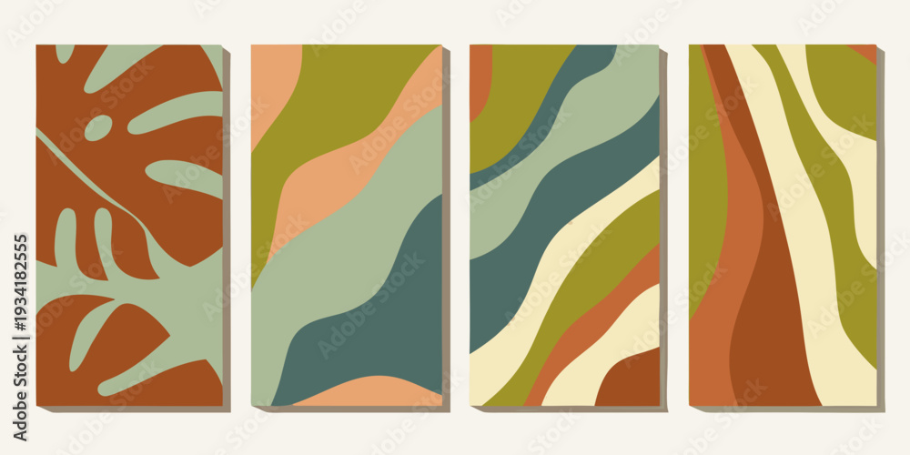 Obraz premium Abstract botanical shapes in warm earth tones arranged as a four panel set