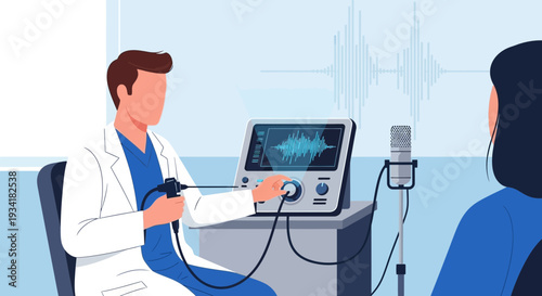Doctor performing audiology test on patient with hearing aid equipment