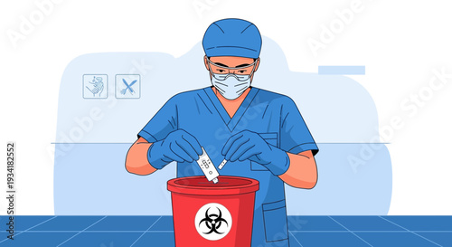 Healthcare Worker Disposing of COVID-19 Test Kit in Biohazard Bin